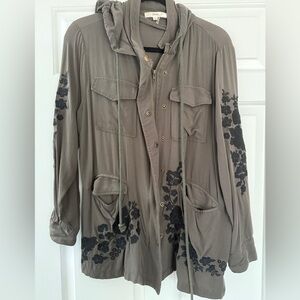 Olive Green Hooded Lightweight Shirt/Jacket with Black Floral Embroidery